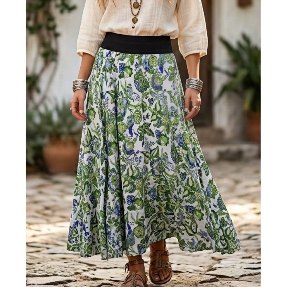Mexicali Blues L Floral Paisley Cotton Maxi Skirt Green Blue White Lined Flowy